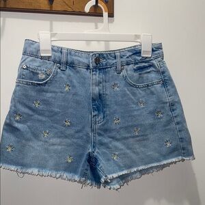 Blue Jean Shorts with Frayed Hem and Embroidery